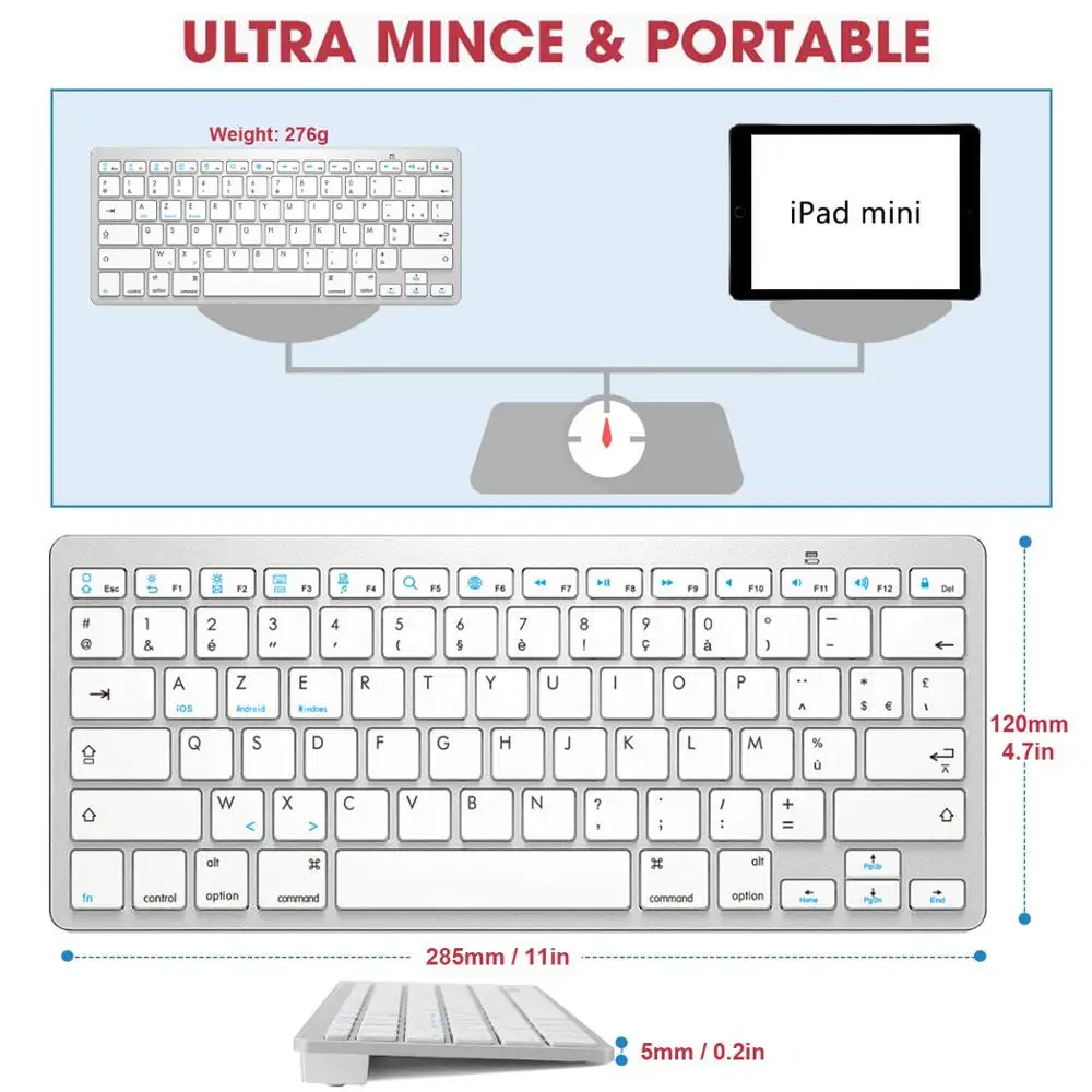 Imagem -03 - Teclado Bluetooth sem Fio Fino Layout Francês Azerty Portátil 78 Teclas Ipad Iphone Ios Android Windows Smart tv