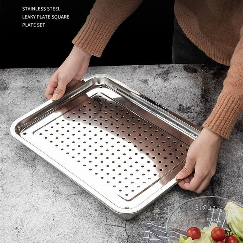 Rectangle Stainless Steel Tea Cup Tray Japanese Style Meal Hollow Water Drain Board Dishes Oil Filter Plate Kitchen Storage Pan