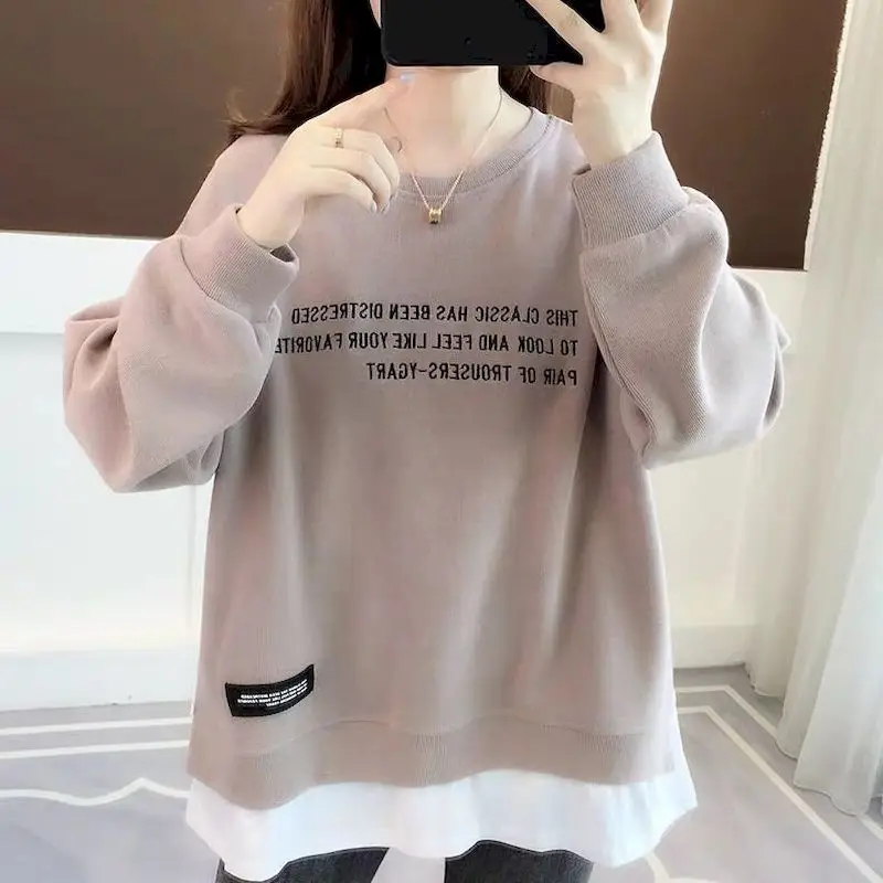 2024 New Spring Autumn Pullover Women\'s Thin Loose Korean Style Fake Two-piece Blouse Clothes Letter Printing Sweatshirt Women