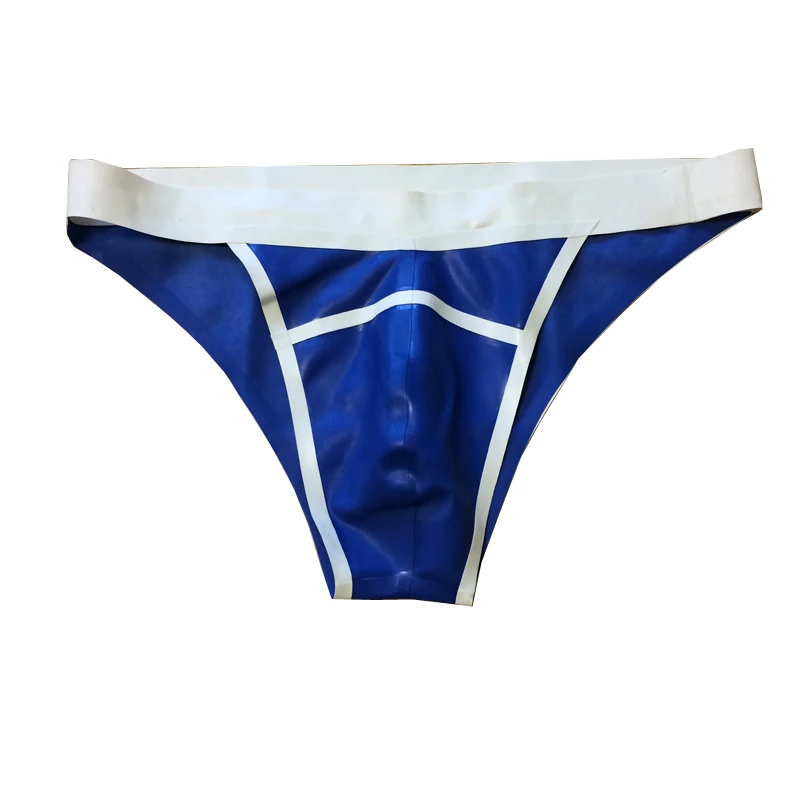 

Men Latex Rubber Briefs Dark Blue And White Panties Tight Lingerie Handmade Underwear RLPM022