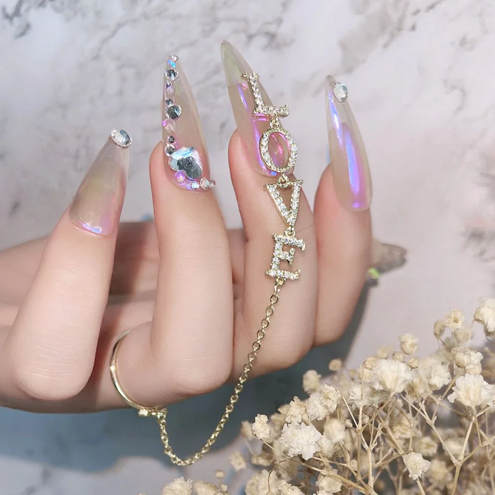 1 adet tırnak mücevheri aşk mektubu yüzük püskül kolye zinciri Nail Art dekorasyon tırnak Rhinestones tırnak sanat aksesuarları