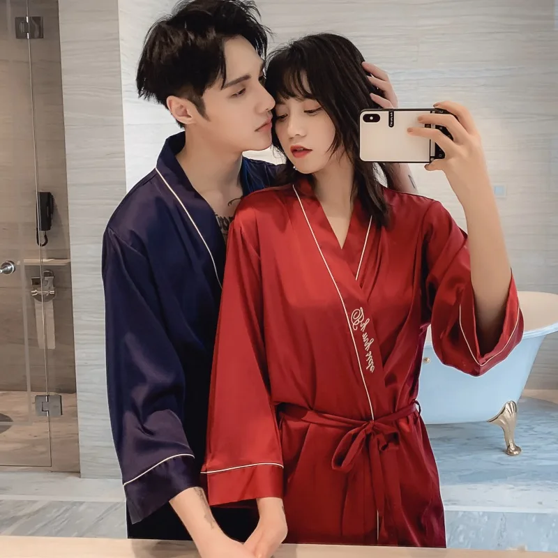 Spring Morning Gown Mimics Silk Lovers Sleepwear Women's Robe Embroidered Suit Men's Bathrobe Lounge Intimate Lingerie Халат