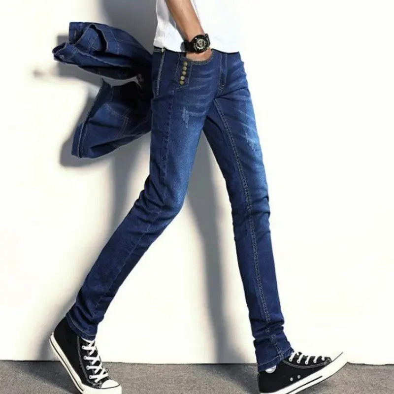 Men's Denim jeans autumn winter models plus velvet thick gray slim stretch cotton trousers small feet Korean style trendy men