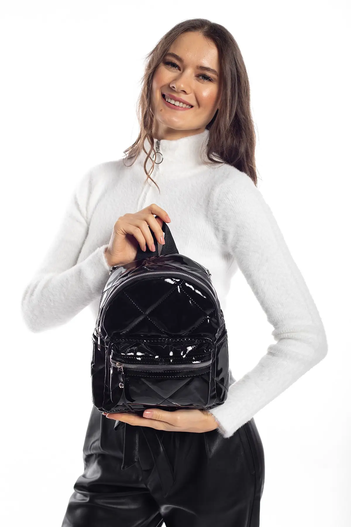 Zwart Gelakte Lederen Vrouwen Rugzak