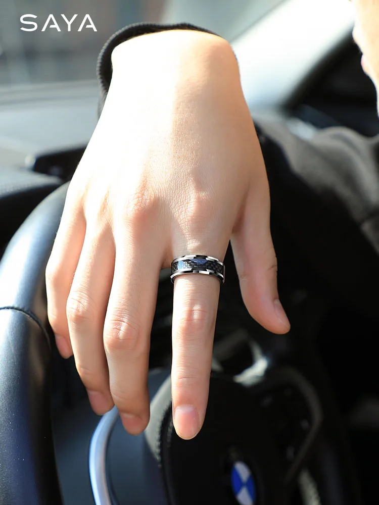 High Polished Black Carbon Fiber Inaly Tungsten Rings for Men\'s Finger Rings Comfort Fit, Engraving