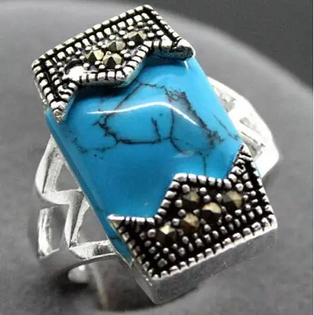 

Beautiful 12*20mm Fashion 925 Sterling Silver Blue Turquoise Marcasite Ring Size 6/7/8/9