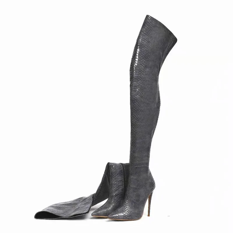 

Over The Knee Boots High-quality Leather Shoes Women Thin Heels Snakeskin Pointed Toe Sexy High Heel Thigh Boots Botas Femininas