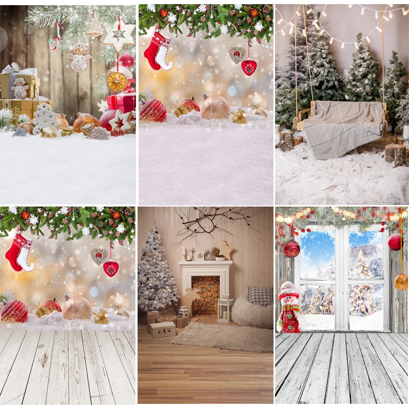 Vinyl Background Christmas Tree Winder Fireplace Snowman Family Portrait Decor Photography Backdrop Photo Studio Photozone