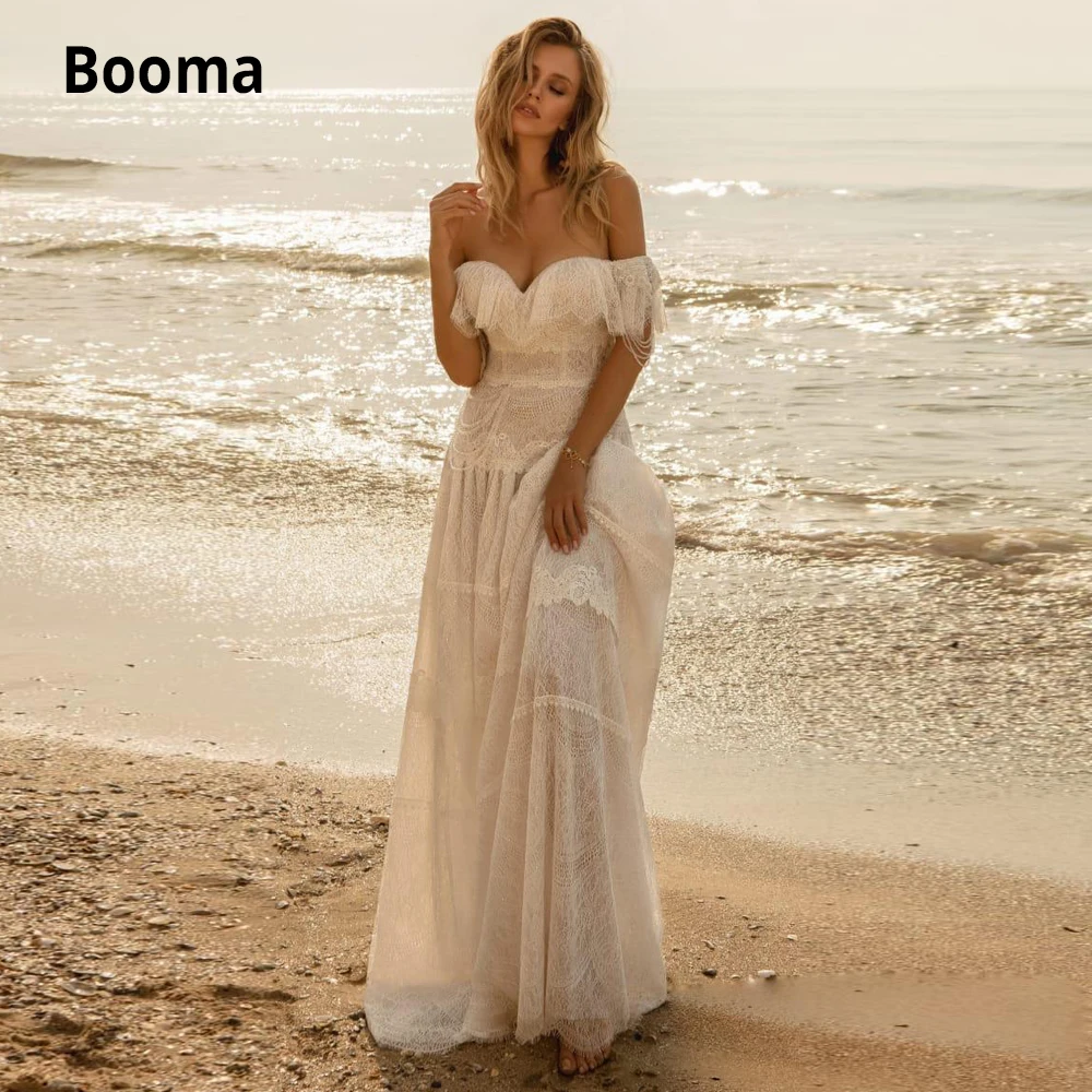 Booma 2021 Bohemian Full Lace Wedding Dresses Off the Shoulder Ruffles A Line Bridal Gowns Beach Boho Robes De Mariée Plus Size