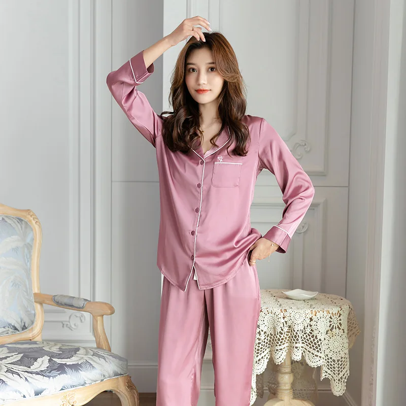 

Women Clothes Autumn Silk-like Pajamas Solid Womens Luxury Sexy Clothes Long Sleeve Trousers Lapel Silk Satin Household Clothes