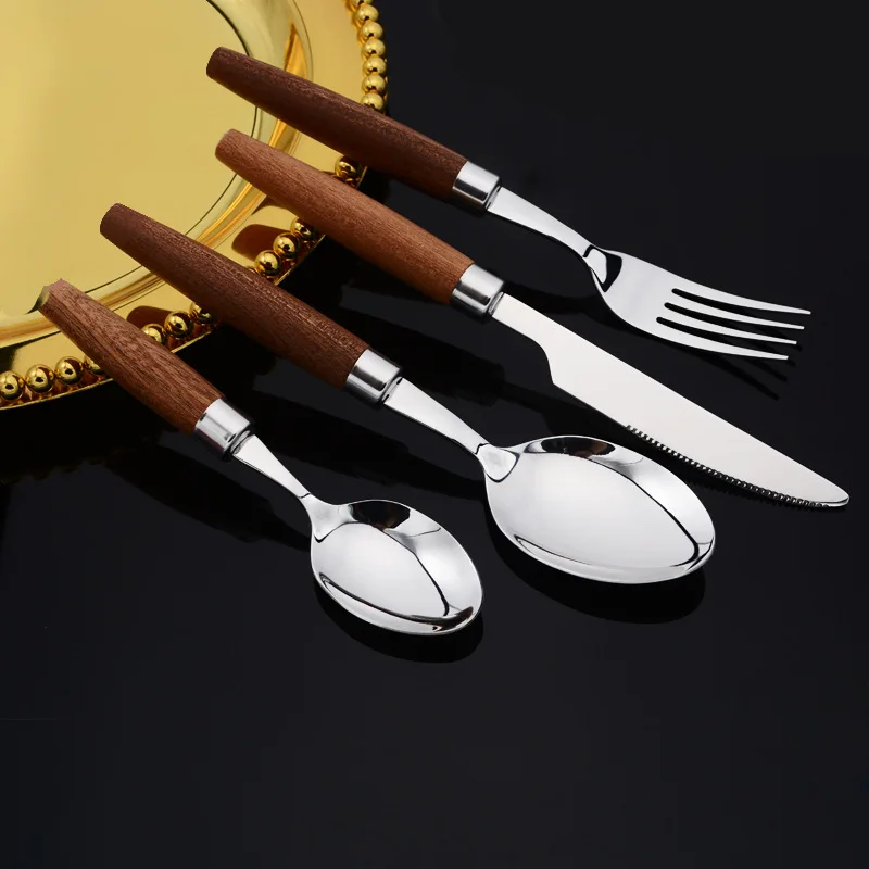 Jaswehome 4pcs Western Stainless Steel Dining Table Silverware Set Wooden Handle Dinner Fork Steak knife Soup Spoons Tableware