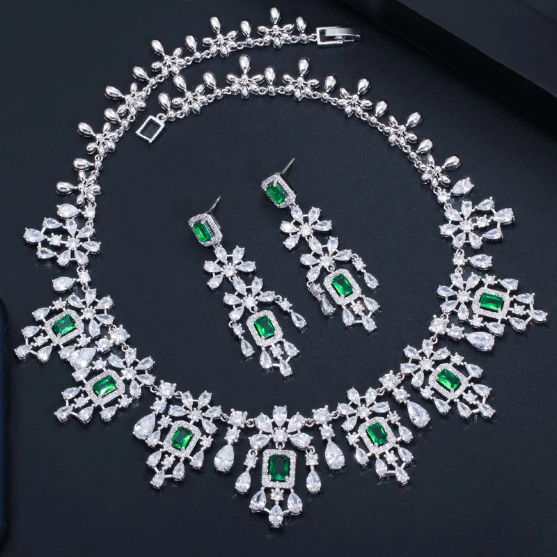 CWWZircons Luxury Green Cubic Zirconia Women Wedding Party Bride Necklace Earrings Jewelry Sets Bridal Dress Accessories T353