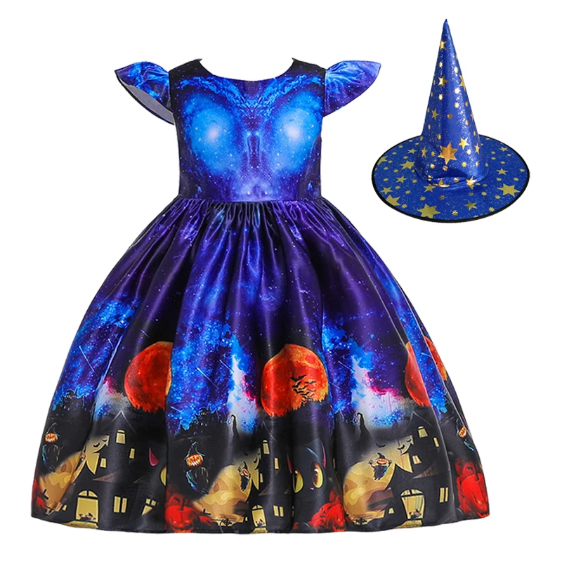 2023 Halloween Pattern Girls Dress Children Carnival Party Costume New Fashion Witch Cosplay Princess Dress 3 4 5 6 8 9 10 Years