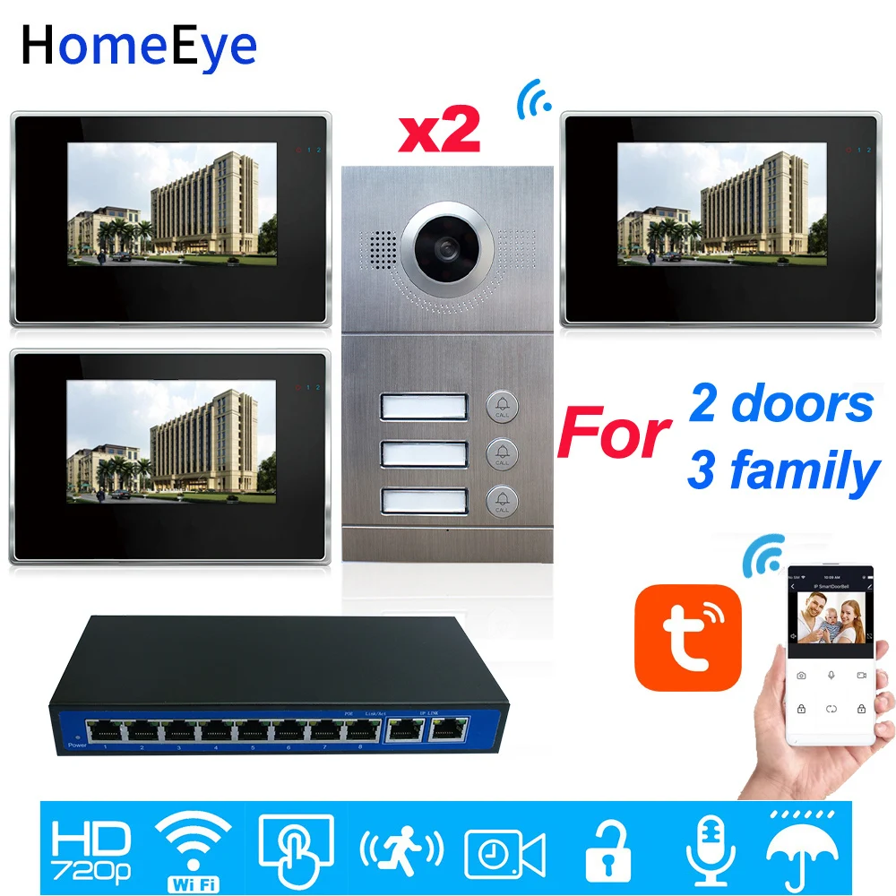 3-Family 2-Door Home Access Control System 960P 7inch WiFi IP Video Door Phone Wifi Video Intercom TuyaSmart APP Remote Unlock