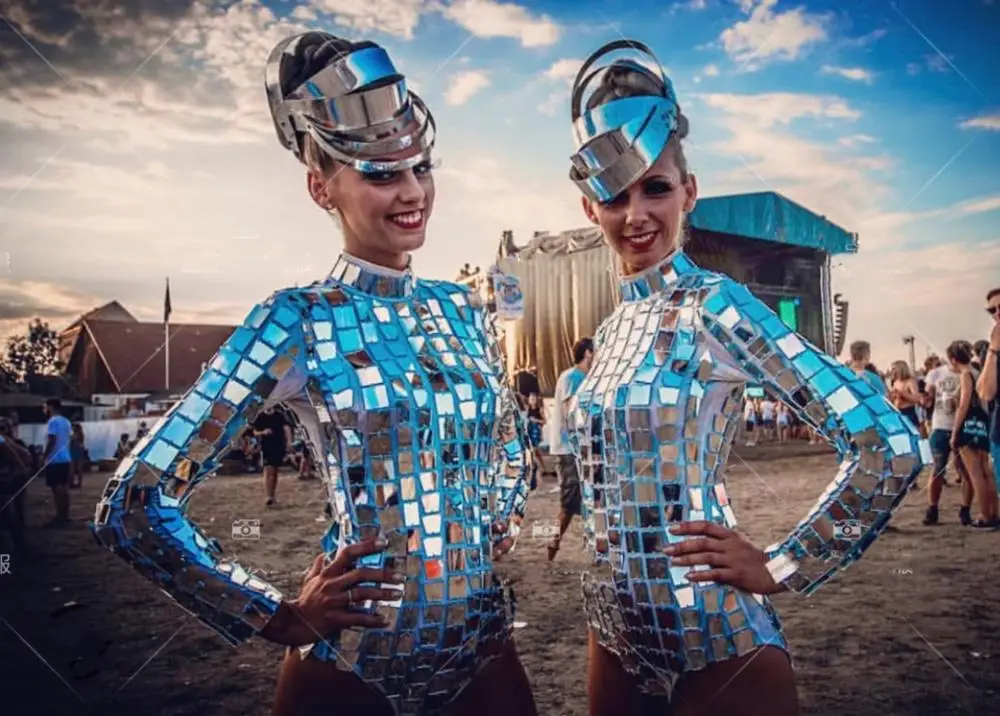 Silver costume Mirror future technology bar gogo costumes dance team ds singer dj nightclub stage show clothing bodysuit