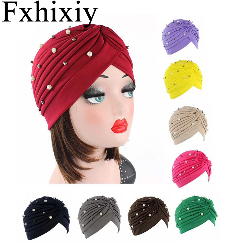 Muslim Women Ruffle Pearl Bead Turban Hat Chemo chemotherapy Caps Summer Autumn Headwear Headwrap Cap