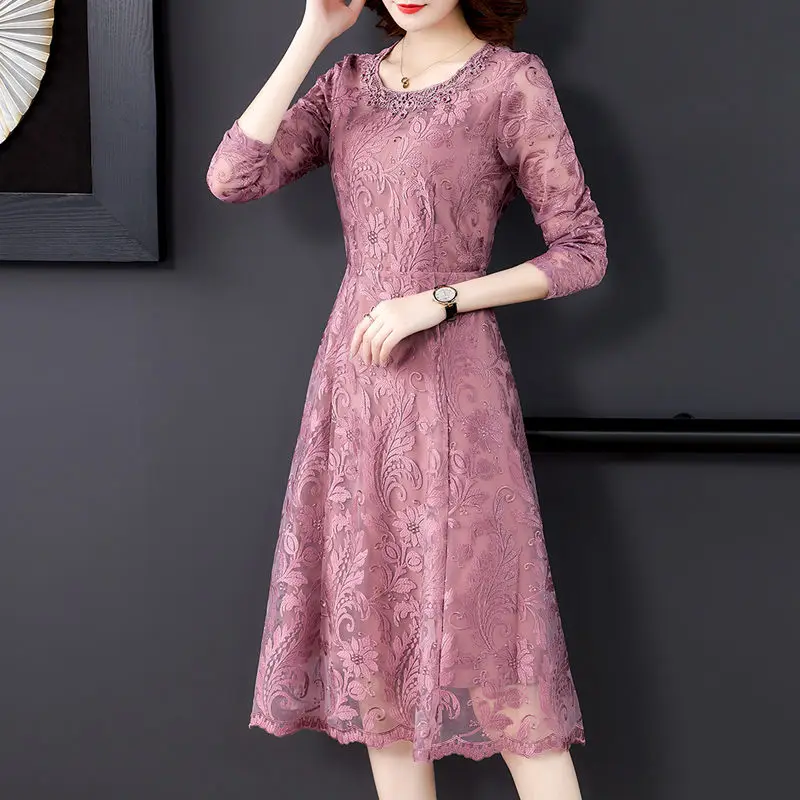 

O-neck Nine Points Sleeve Women's Autumn Dress Red Flower Hand-embroidered Elegant Dresses A-line Office Ladies Vestidos k1063