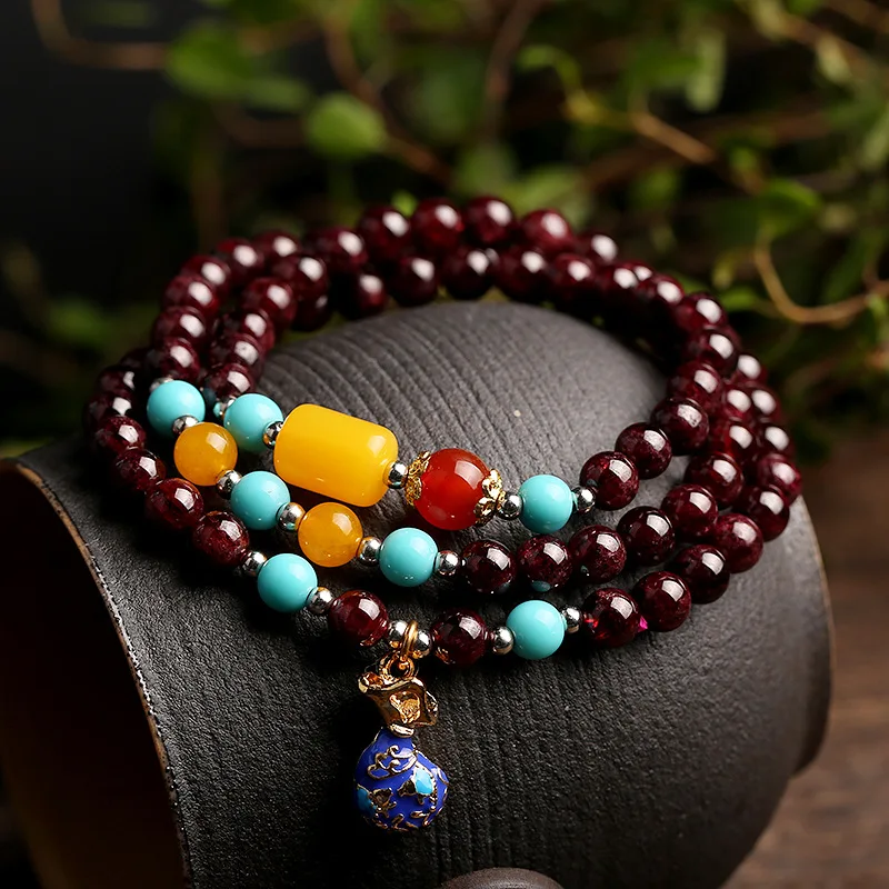 Vintage Wine Red Natural Garnet Crystal Cloisonne Pendant Multi Circle Beaded Strand Bracelets for Women Fine Jewelry YBR346