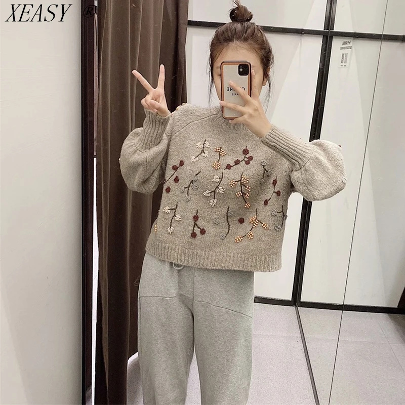 Women's Vintage Korean Long Sleeve Pullover Chic Flowers Beaded Fashion Harajuku Knitted  Sweater Keeps Warm  Autumn and Winter