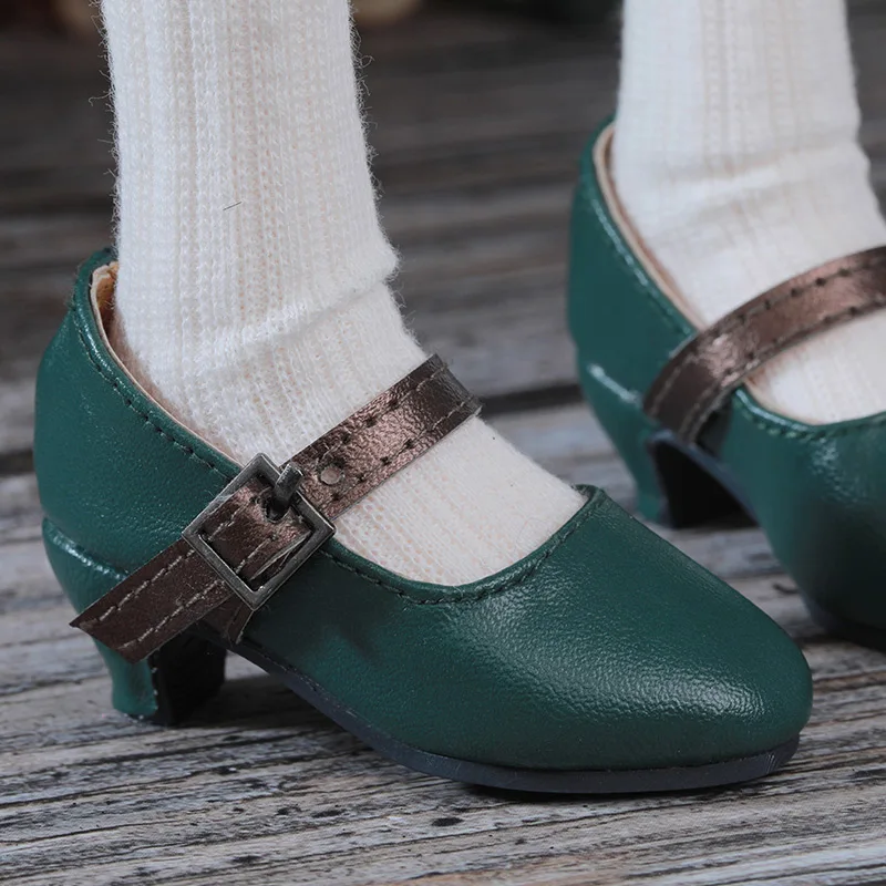 BJD doll shoes for a quarter of the size of fashionable versatile high-heel button-up shoes round head small shoes classic green