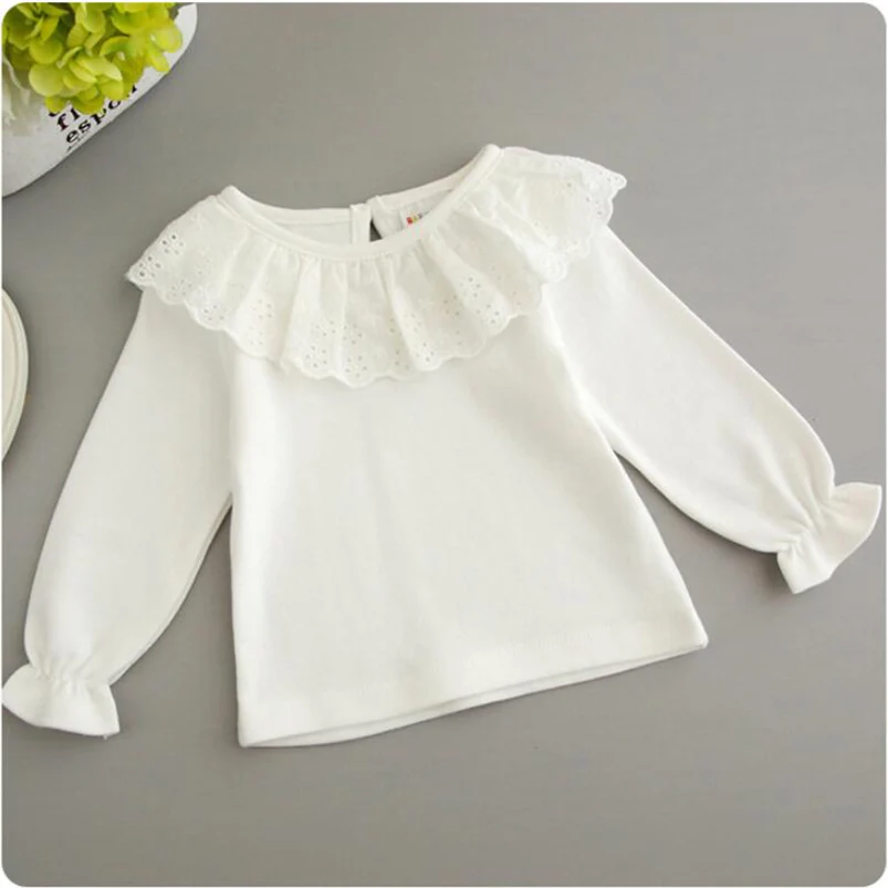 Girl Shirts Spring autumn Fashion Ruffle lace Neck Baby Girls Blouses sweet Long Sleeve korean Tops Kids children Clothes 0-24