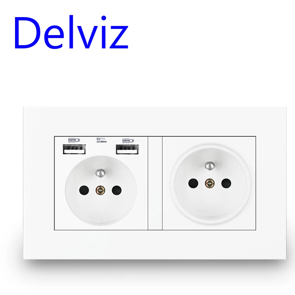 Delviz French Standard Socket, USB Charger Port for Mobile,Household Wall light 2 way switch panel,2A Dual USB Wall Power Outlet