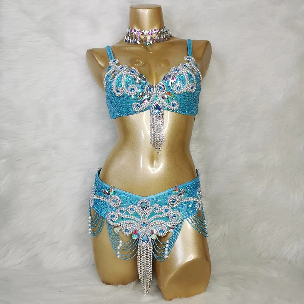 Crystal Belly Dance Samba Costume Wear women gogo bikini show Bar+Belt 2pc Set Carnival party costumes