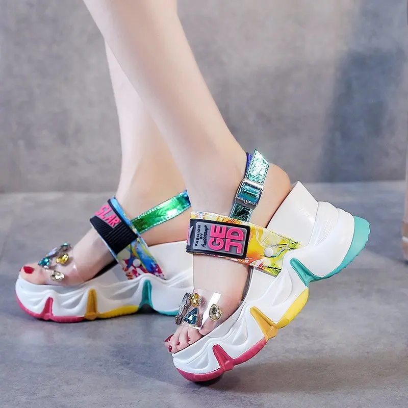 Summer Women Sandals Nice Diamond Wedge Sandal Rhinestone High Heels Ankle Strap Slippers Chunky Platform Shoes Woman