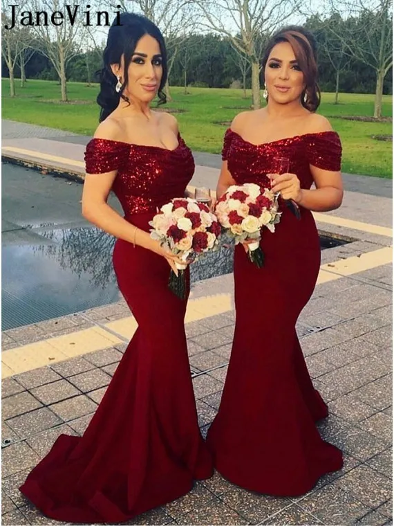 

JaneVini Ropa Sexy Elegant Burgundy Bridesmaid Dress with Sequins Long Mermaid Off Shoulder Plus Size Women Maid of Honor Gowns