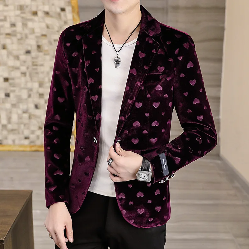 Stylish Heart Print Velvet Blazer Jacket Men 2021 Spring New Slim Fit One Button Blazers Male Casual Party Wedding Costume Homme