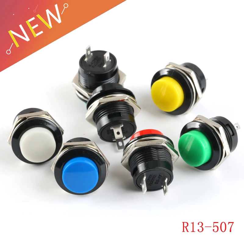 10pcs Momentary Push Button Switch 16mm Momentary 6A/125VAC 3A/250VAC Round Switches R13-507 BLACK RED GREEN WHITE BLUE YELLOW