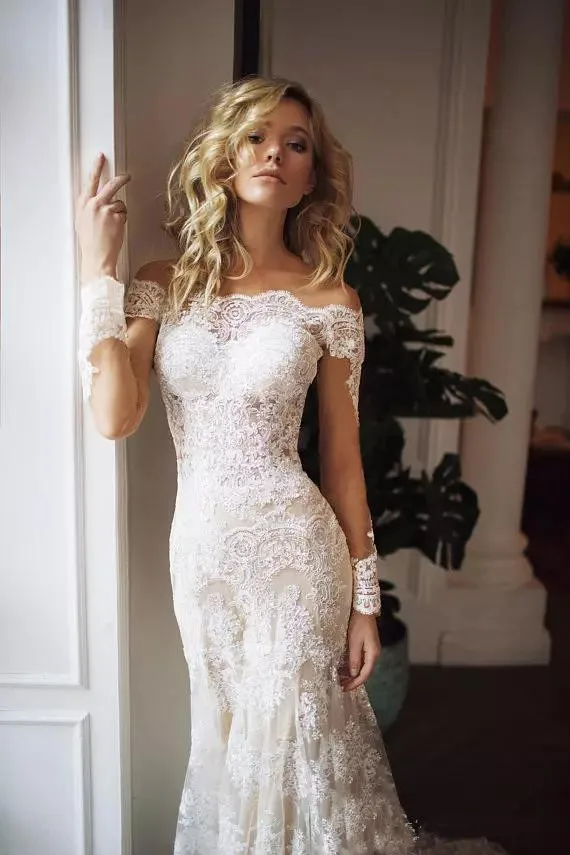 2019 abnehmbare Zug Spitze Brautkleider Mermaid Off Schulter Lange Hülse Plus Größe Boho Brautkleider vestidos de noiva