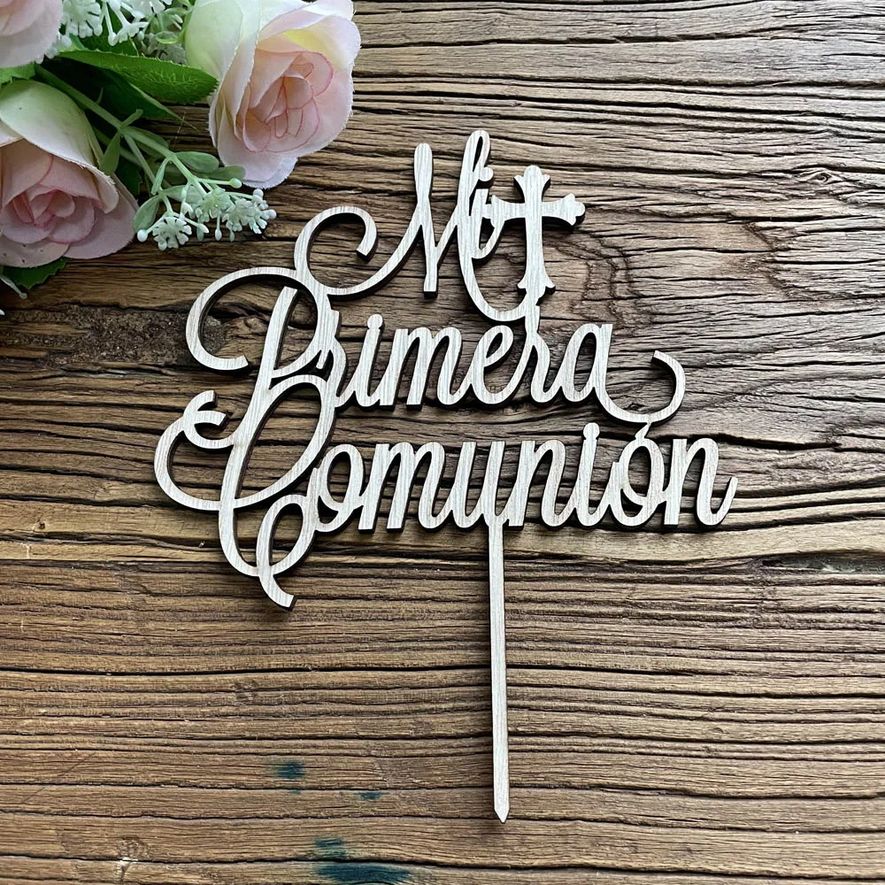 Mi Primera Comunión ไม้เค้ก Topper คริลิคกระจกสเปน First Communion เค้กตกแต่ง Topper