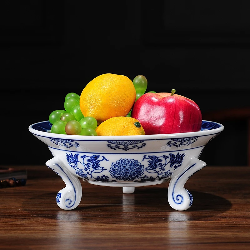 China style blue and white porcelain tripod fruit plate fruit candy fruit plate living room restaurant dish Chinese decoration