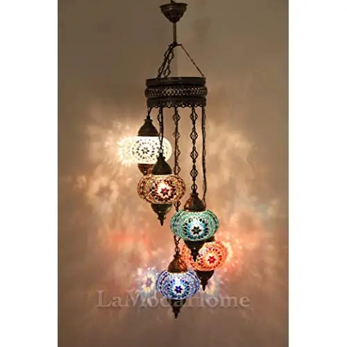 LaModaHome 40 + Unique Colors, 2020 Customizable Chandelier 5 Globes + Free 5 Bulbs, stunning Mosaic Turkish Lamp Moroccan Light