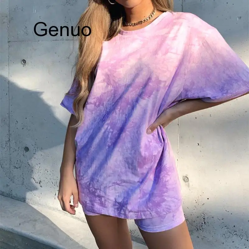 

Casual Outfits Women's Two Piece Suits Tie Dye Printing Backsuits T-shirt Suit Sports Style Bicycles Shorts Set 2020 NEW