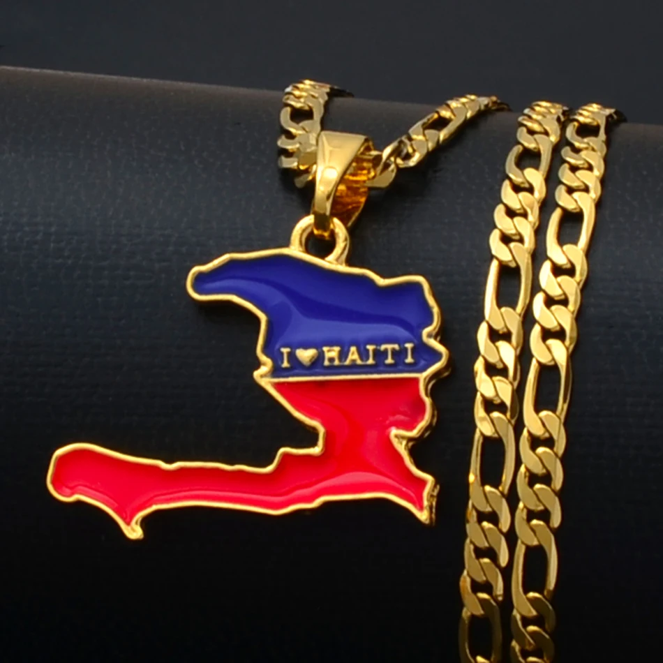 Anniyo Haiti Map With Flag Pendants Necklaces for Men Ayiti  Jewelry Gold Plated #116006