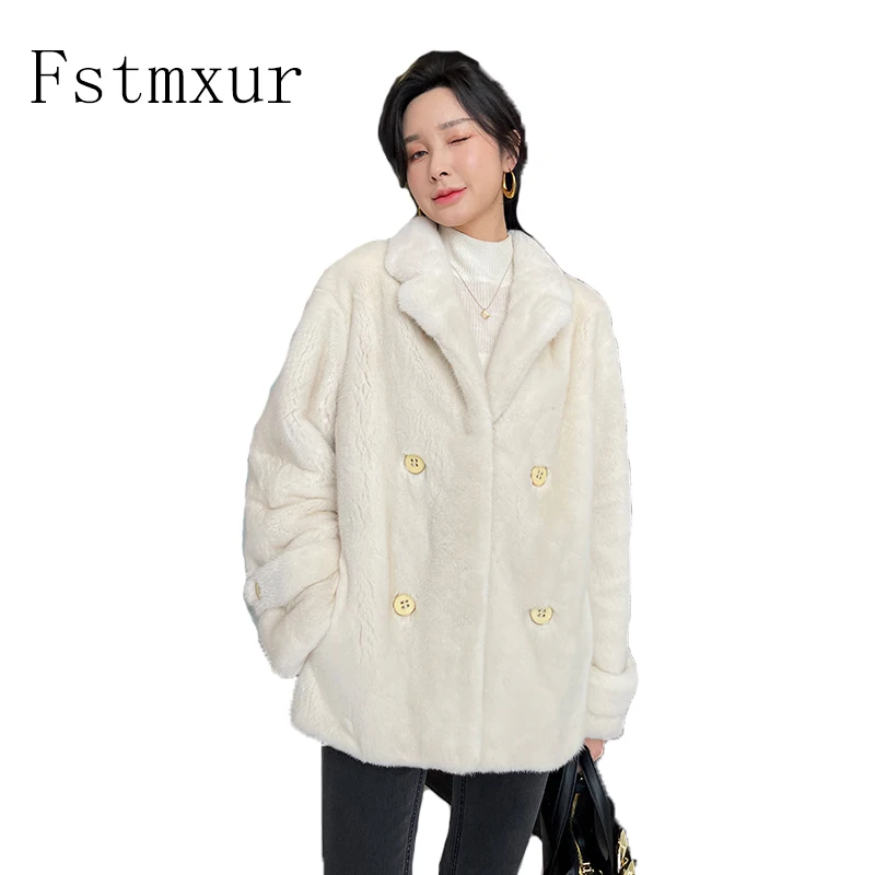 Fstmxur 2021 Winter Copenhagen Imports Velvt Mink Fur Coat Womens Full Sleeve Double Turn-Down Collar Short breasted Mink Coats