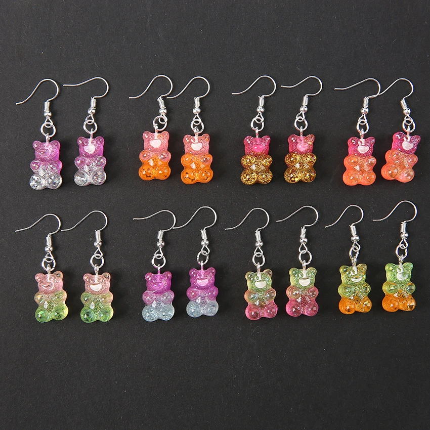 1pair 23*13mm Fashion Craft Resin glitter colorful gummy bear Drop Earrings For Women Japan/Korean Fashion Jewelry Wholesale