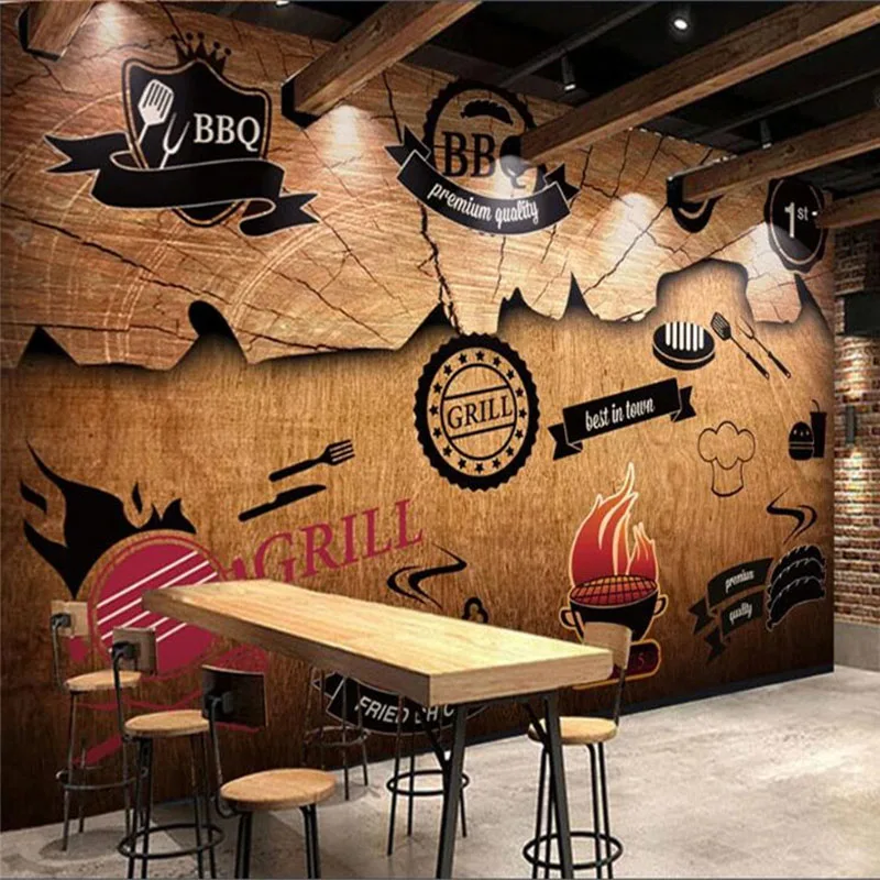 

Custom Self-Adhesive Mural Wallpaper Nostalgic Retro Wood Barbecue Restaurant Tooling Background Wall Decor Papel De Parede 3 D