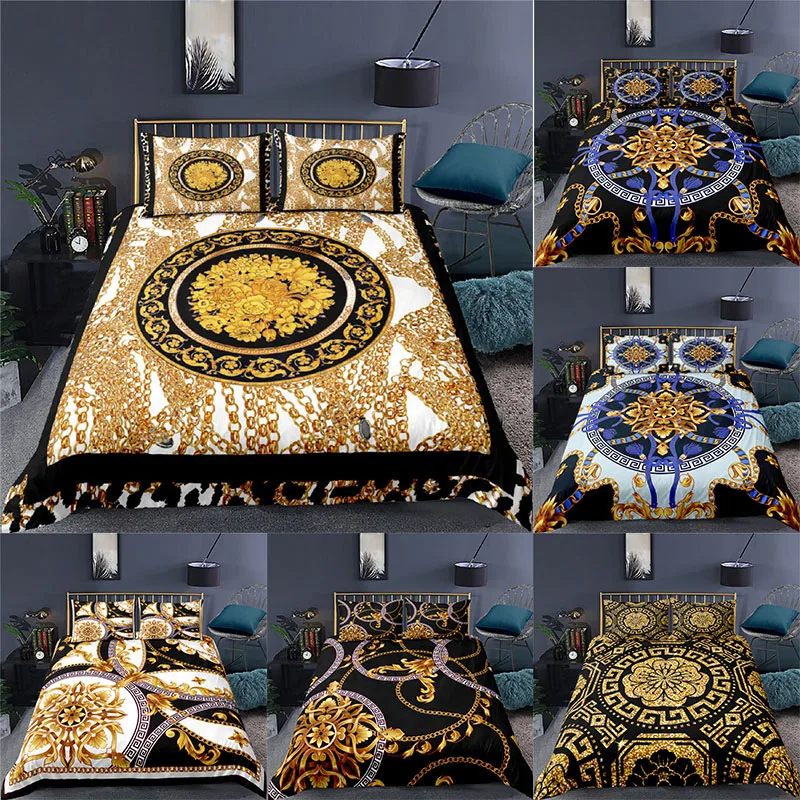 Luxe 3D Gouden Barokke Stijl Print 2/3Pcs Kinderen Beddengoed Set Comfortabele Dekbedovertrek Kussensloop Home Textiel Koningin en King Size