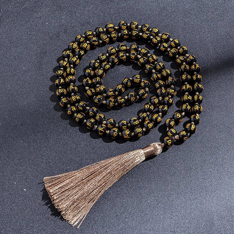 108 Six Words Mantra Obsidian Mala Beaded and Knotted Necklace Blessing Meditation Yoga Tibetan Japamala Tassel Jewelry