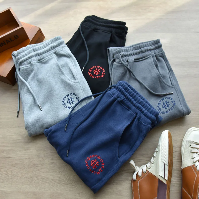 

Осенние американские простые махровые спортивные брюки с вышивкой, мужская мода, чистый хлопок, свободные спортивные повседневные брюки с эластичным поясом на шнурке