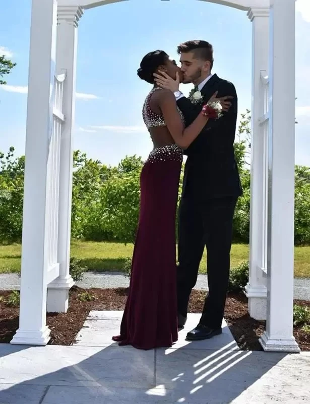 Burgundy Sparkly Beaded Long Evening Party Dresses Sexy African Backless Prom Formal Gowns 2022 Vestidos Robe De Soirée