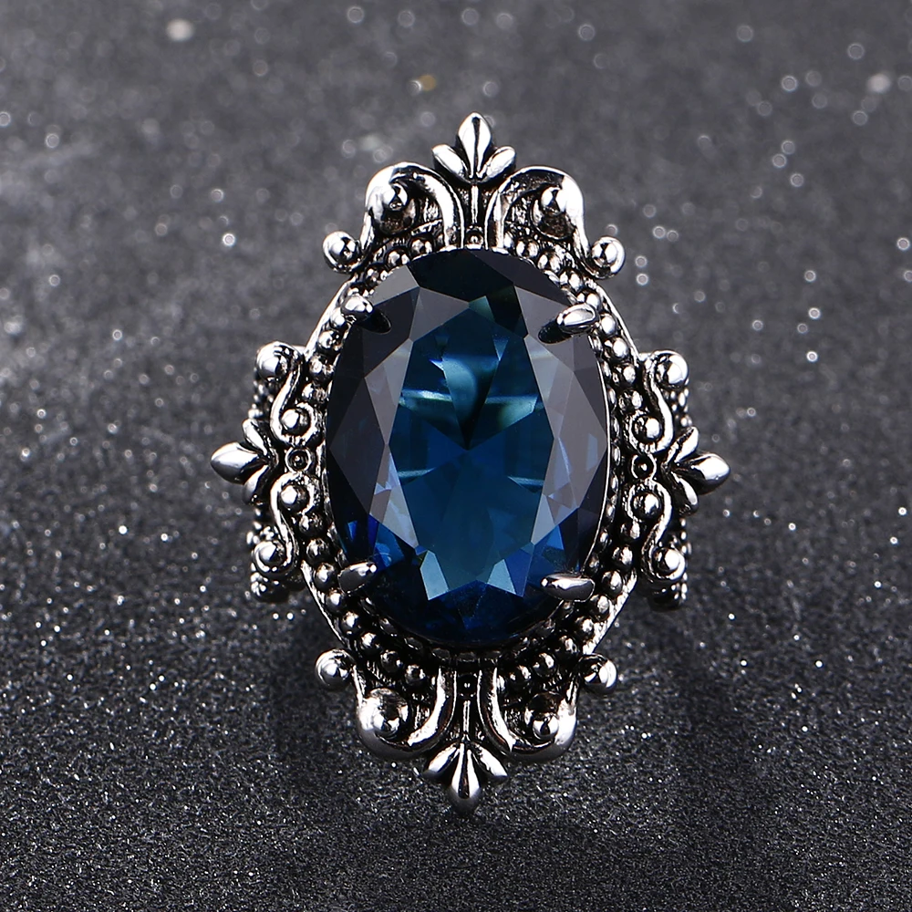 CiNily Luxury Big Peacock Blue Sapphire Rings for Women Men Vintage Silver Plated Jewelry Ring Anniversary Party Gifts