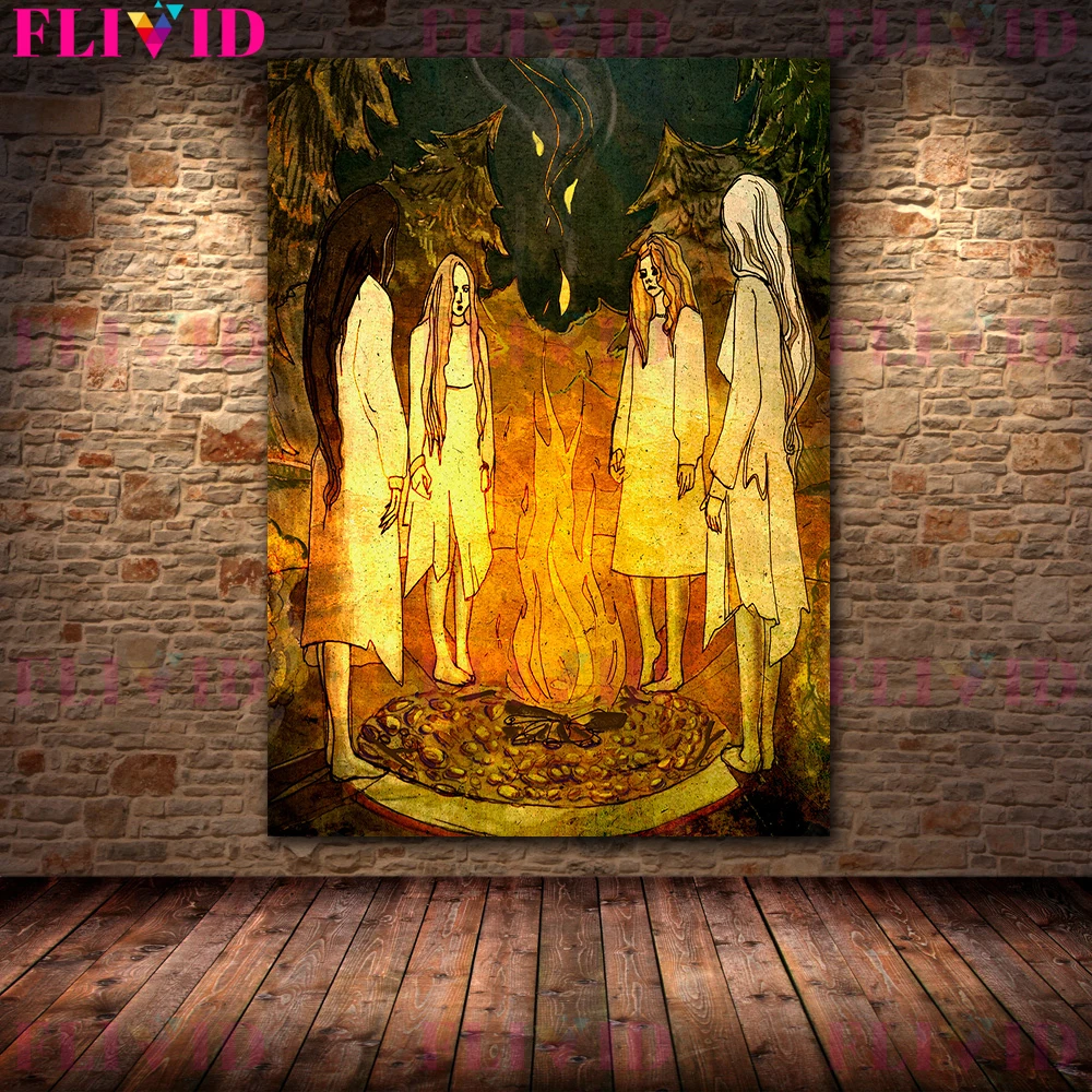 Under The Moon Witch Soup In The Forest Wall Art Decorative Spooky Dark Natural Witchcraft Element Poster And Print Decoration