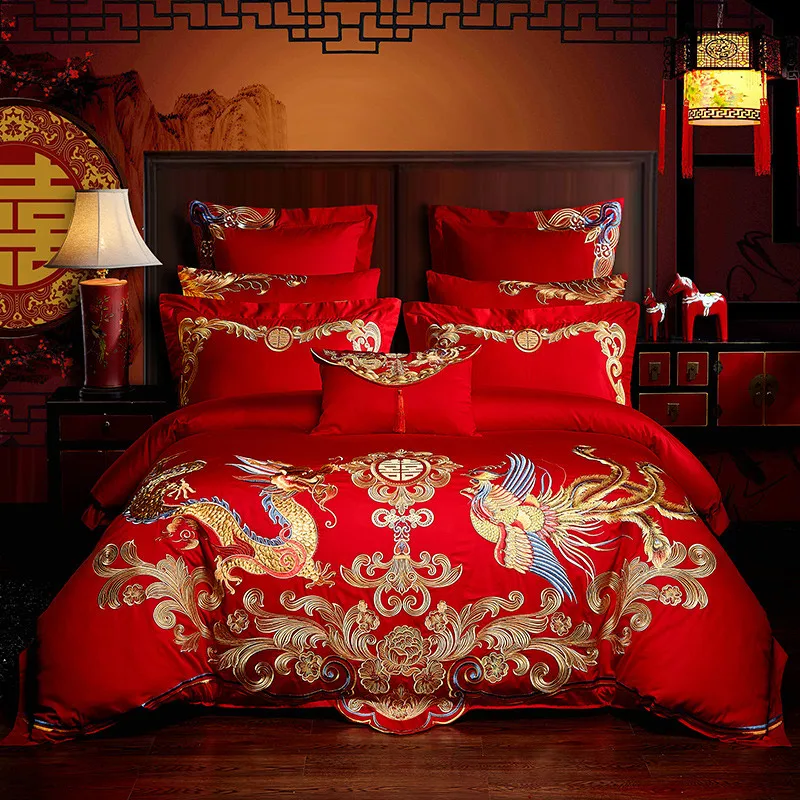 Red Egyptian Cotton Bedding Sets Luxury Golden Loong Phoenix Embroidery Bed Set Chinese Wedding Duvet Cover Bed Sheet Pillowcase