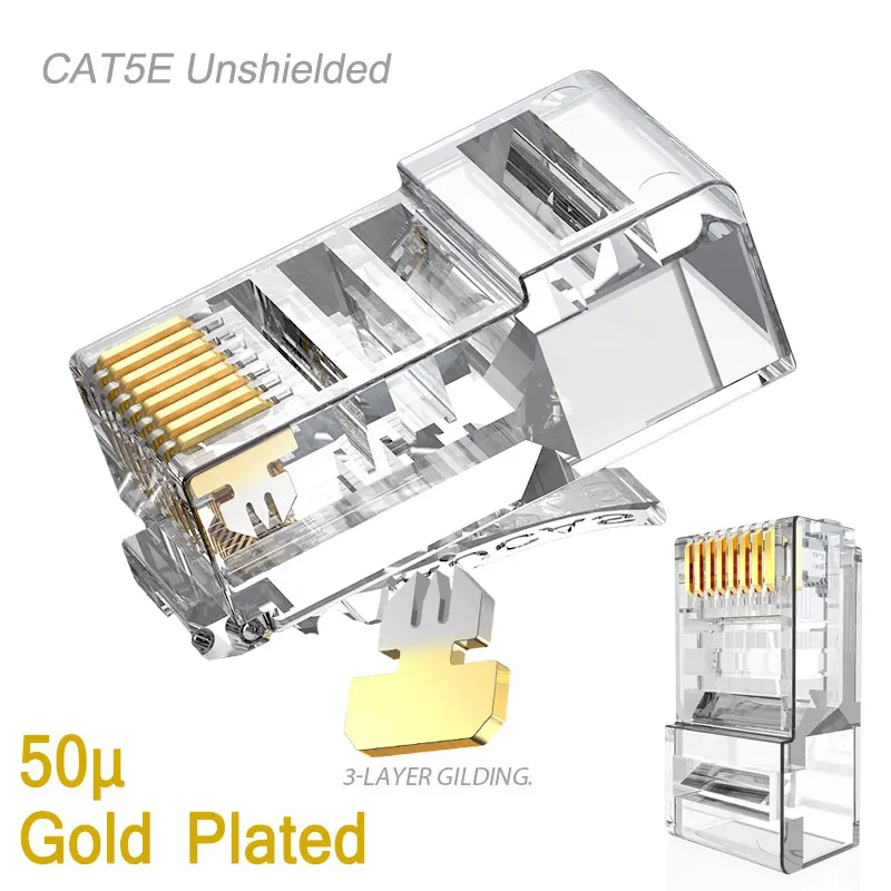 Aucas Network Cable Connectors Cat5e UTP Rj45 Modular Plug 8P8C 6P4P 50U Gold Plated Connector