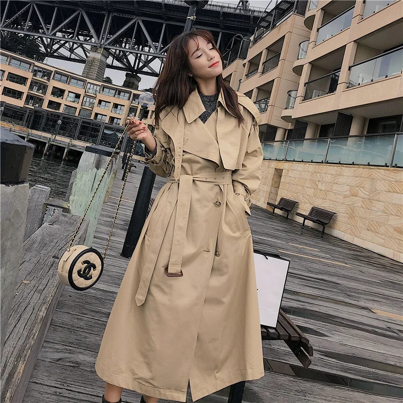 

Women Double-breasted Trench Coat Long Spring Autumn Korean Fashion Windbreakers Womens Casual Overcoat Female Belt Slim Outwear