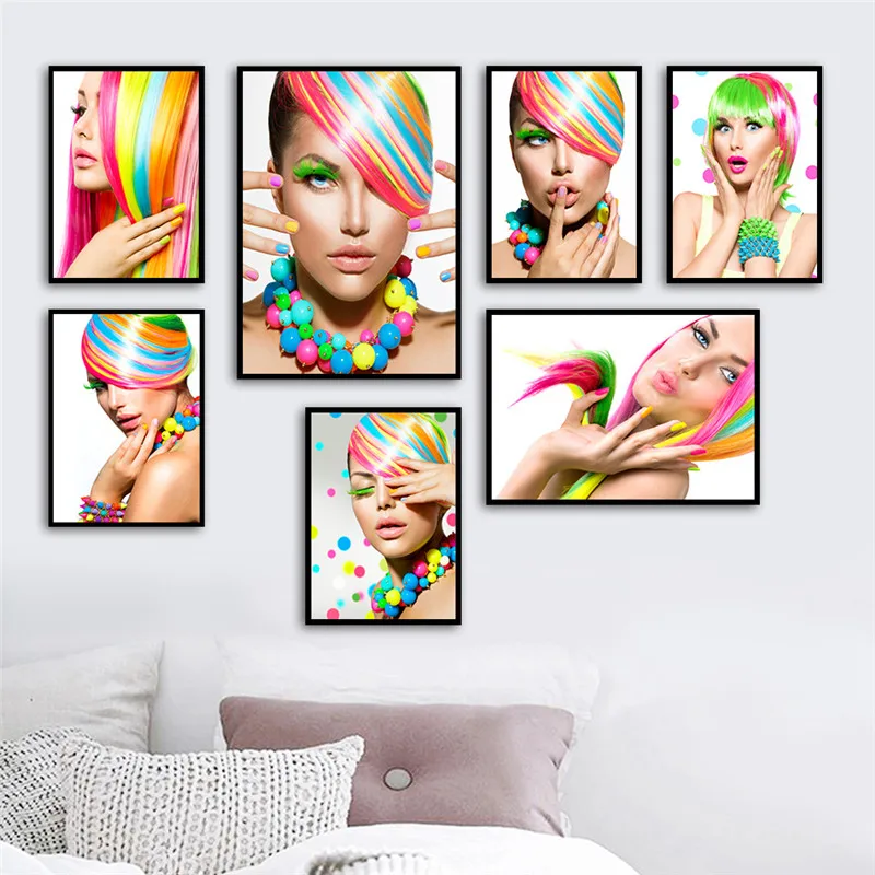 Modern Fashion Beauty Art Canvas Painting Poster or Print Colourful Hair Makeup Wall Pictures For Salon Beauty Shop Decor